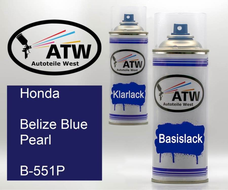 Honda, Belize Blue Pearl, B-551P: 400ml Sprühdose + 400ml Klarlack - Set, von ATW Autoteile West.